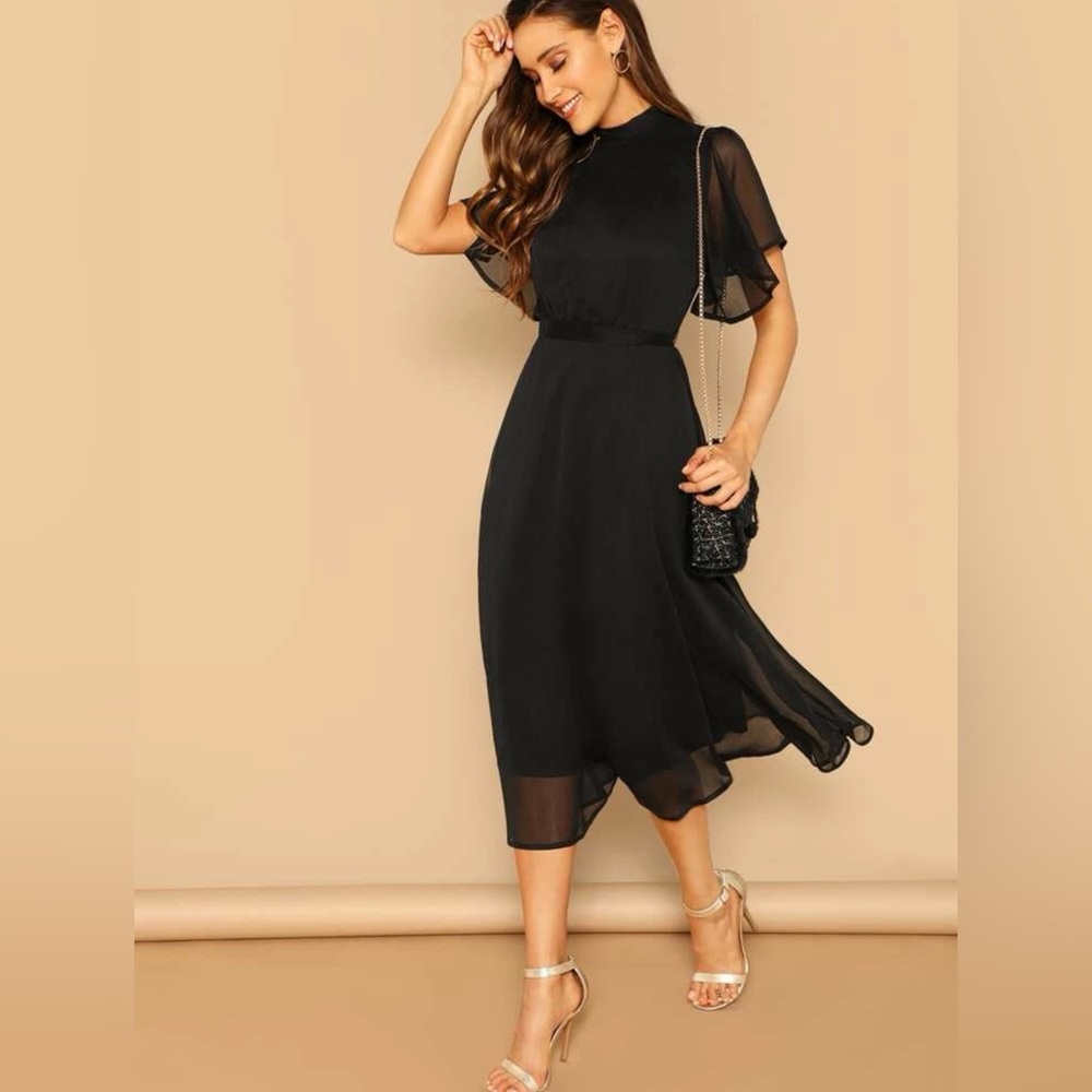 Mock Neck Black Sheer Panel Dress with Flutter Sleeves